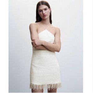JASON WU CREAM TEXTURED TWEED PEARL FRINGED HALTER MINI DRESS